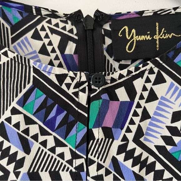Yumi Kim Multicolor 100% Silk All Over Geometric Pattern Long Sleeve Short Dress - Picture 8 of 10